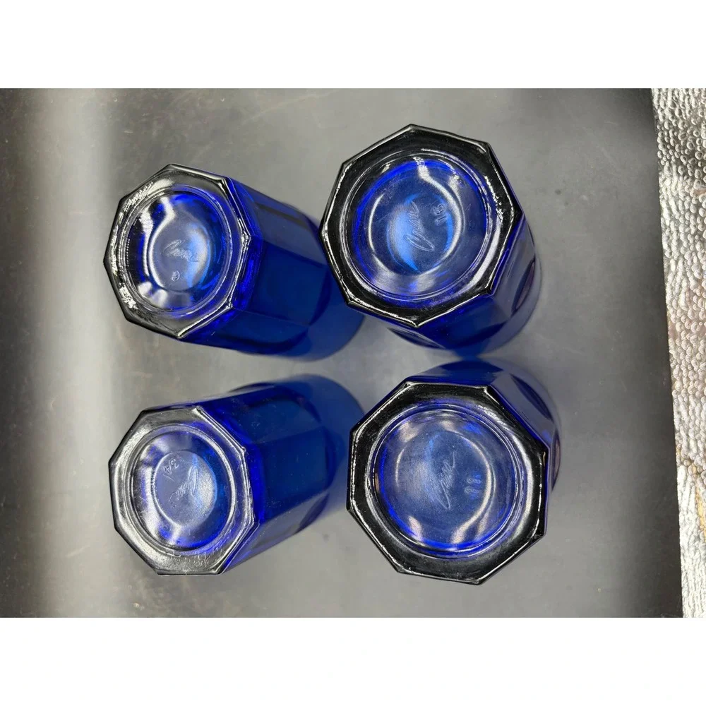 Crisa Cobalt Blue Glass Tumblers Set of 4 Octagonal Base Drinking Glasses 5.5in